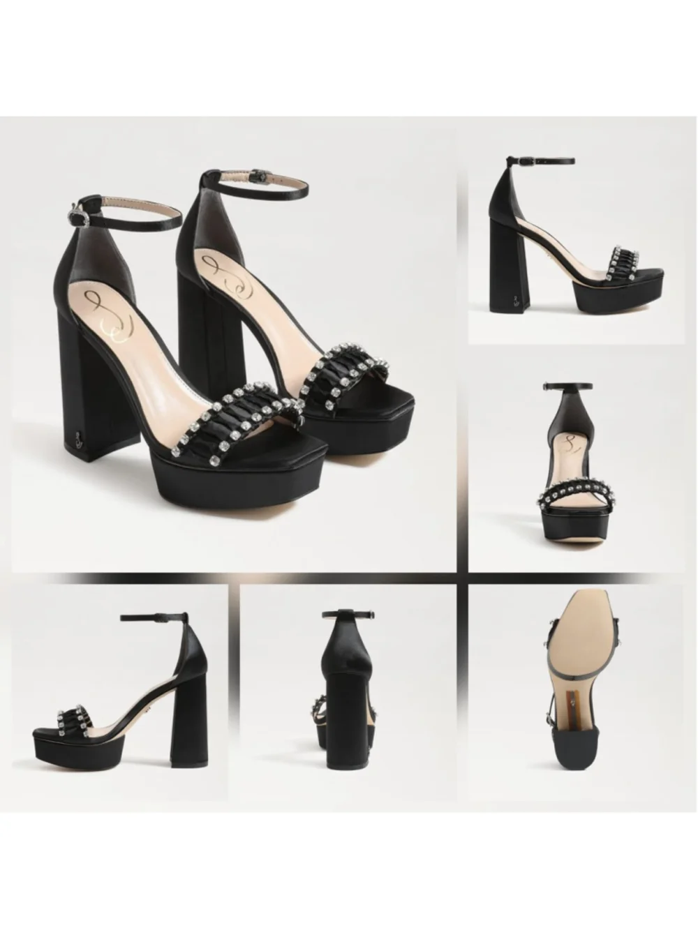 Sam Edelman Ninette Crystal Rhinestones Pleated Block Heels 7.5 M Black Satin
